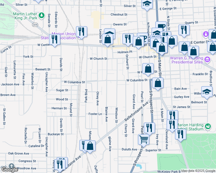 map of restaurants, bars, coffee shops, grocery stores, and more near 320 Blaine Avenue in Marion