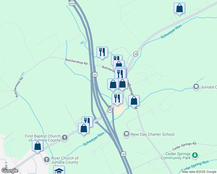 map of restaurants, bars, coffee shops, grocery stores, and more near 91 Kauffman Lane in Mifflintown