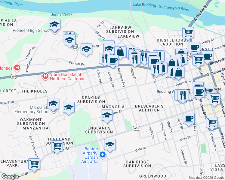 map of restaurants, bars, coffee shops, grocery stores, and more near 1200 Orange Avenue in Redding
