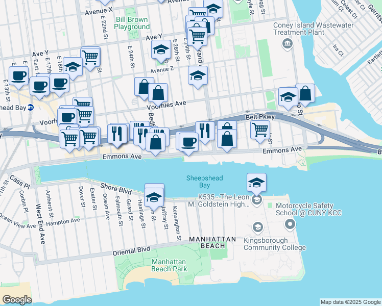 map of restaurants, bars, coffee shops, grocery stores, and more near 2799 Emmons Avenue in Brooklyn