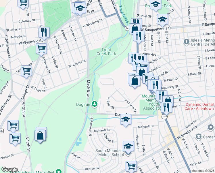 map of restaurants, bars, coffee shops, grocery stores, and more near 732 Trout Creek Lane in Allentown