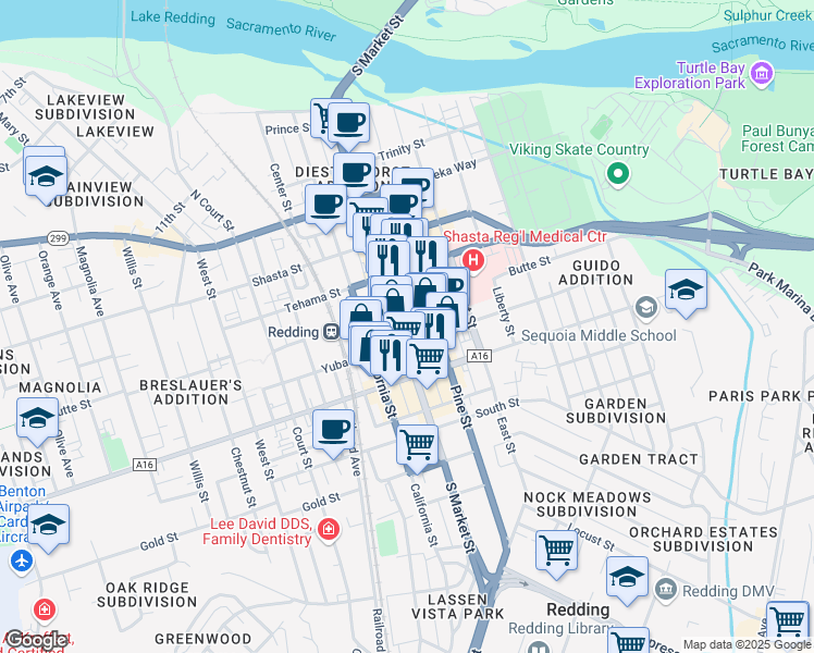 map of restaurants, bars, coffee shops, grocery stores, and more near in Redding