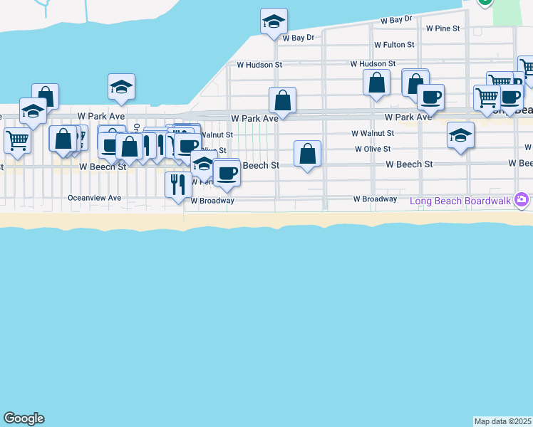 map of restaurants, bars, coffee shops, grocery stores, and more near 1017 Oceanfront Street in Long Beach