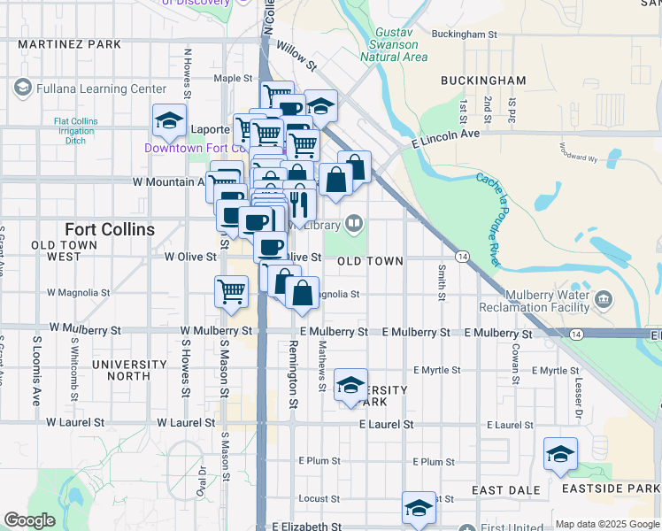 map of restaurants, bars, coffee shops, grocery stores, and more near 301 East Olive Street in Fort Collins