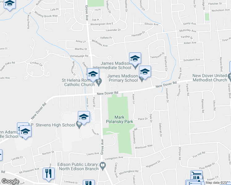 map of restaurants, bars, coffee shops, grocery stores, and more near 876 New Dover Road in Edison