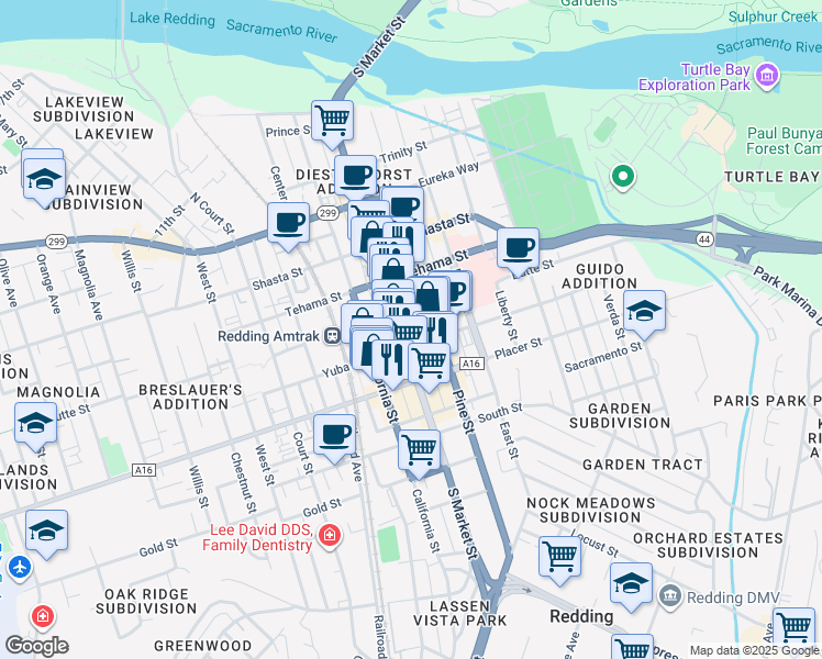 map of restaurants, bars, coffee shops, grocery stores, and more near in Redding