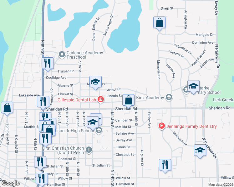 map of restaurants, bars, coffee shops, grocery stores, and more near 1405 Lincoln St in Pekin