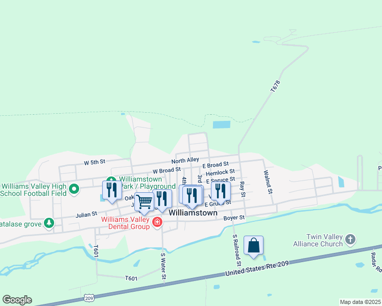 map of restaurants, bars, coffee shops, grocery stores, and more near 102 East 5th Street in Williamstown