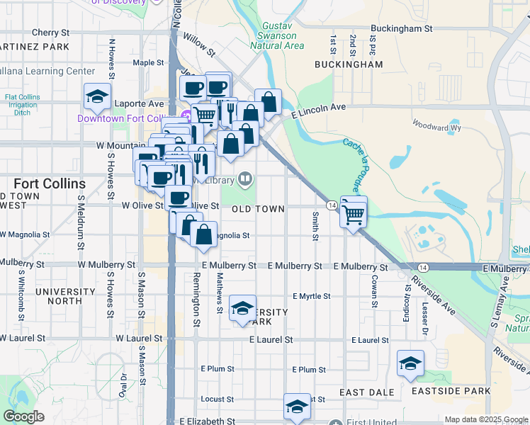 map of restaurants, bars, coffee shops, grocery stores, and more near in Fort Collins