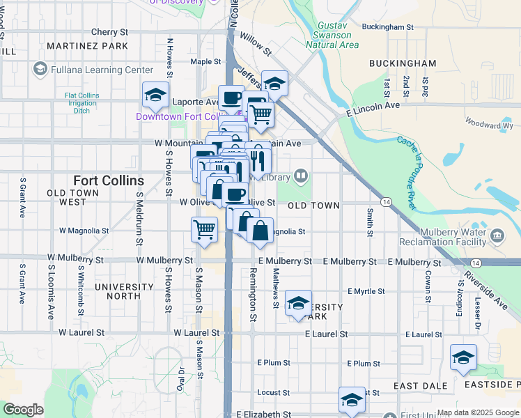 map of restaurants, bars, coffee shops, grocery stores, and more near 300 Remington Street in Fort Collins