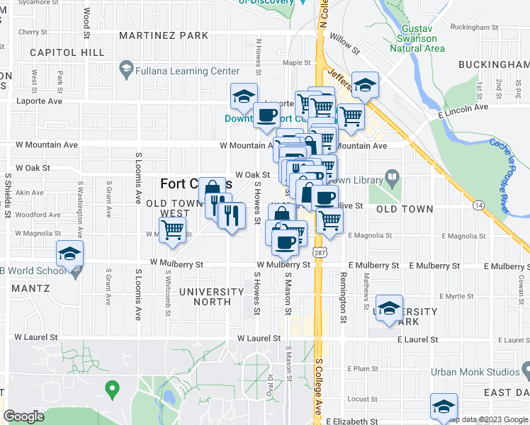 map of restaurants, bars, coffee shops, grocery stores, and more near in Fort Collins
