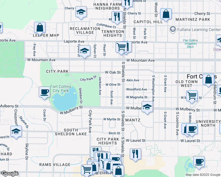 map of restaurants, bars, coffee shops, grocery stores, and more near 307 Scott Avenue in Fort Collins