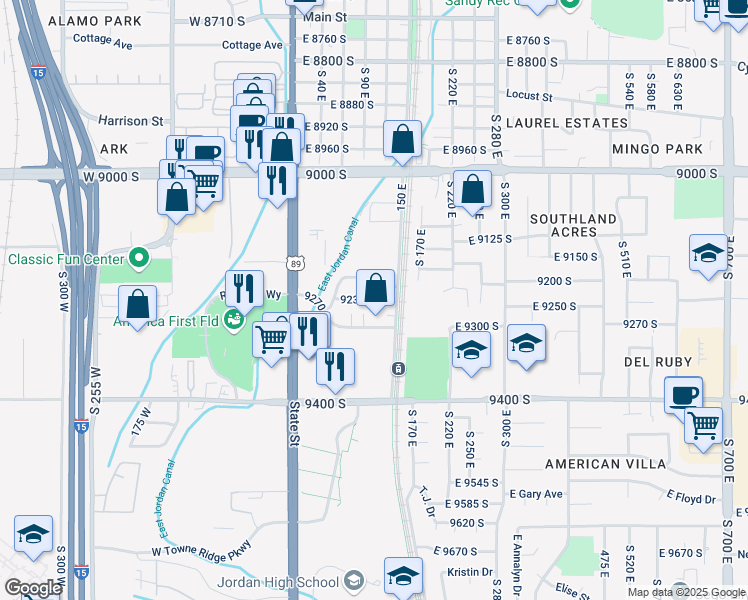 map of restaurants, bars, coffee shops, grocery stores, and more near 83 9230 South in Sandy