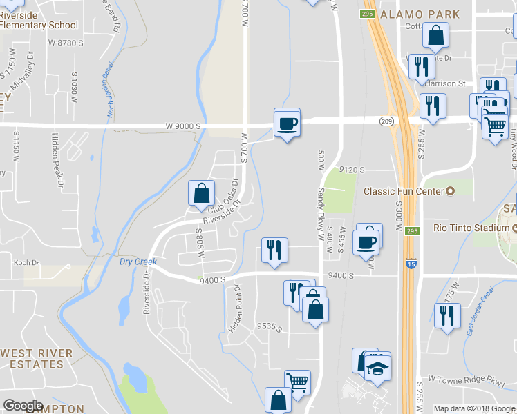 map of restaurants, bars, coffee shops, grocery stores, and more near 623 West Jefferson Place in Sandy
