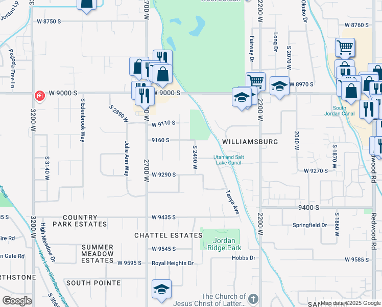 map of restaurants, bars, coffee shops, grocery stores, and more near 9210 S 2490 W in West Jordan