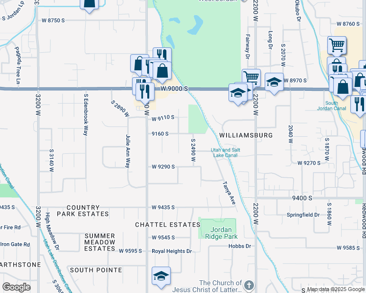 map of restaurants, bars, coffee shops, grocery stores, and more near 9210 South 2490 West in West Jordan