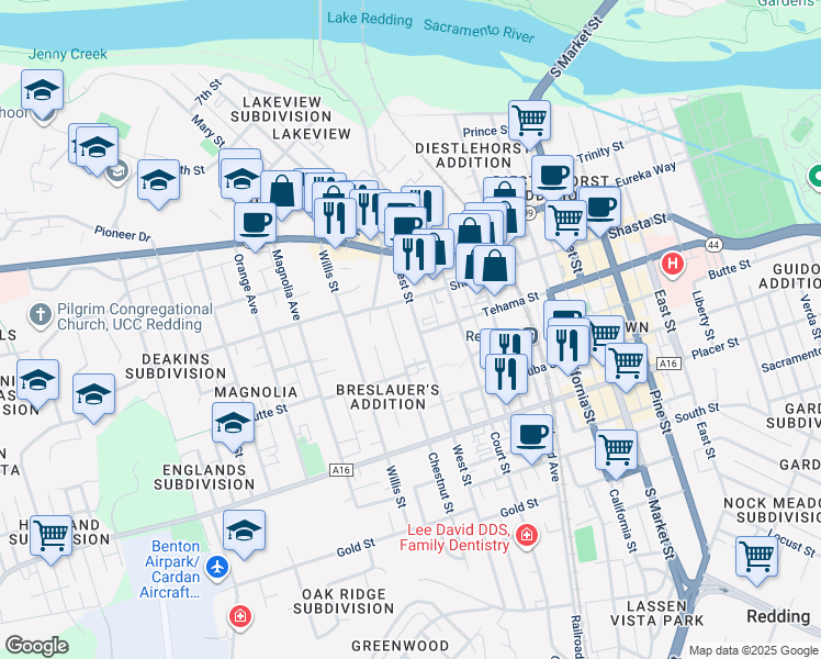 map of restaurants, bars, coffee shops, grocery stores, and more near 1341 Chestnut Street in Redding
