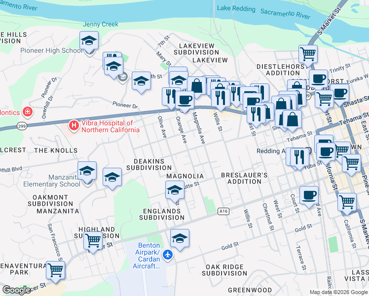 map of restaurants, bars, coffee shops, grocery stores, and more near 1200 Orange Avenue in Redding
