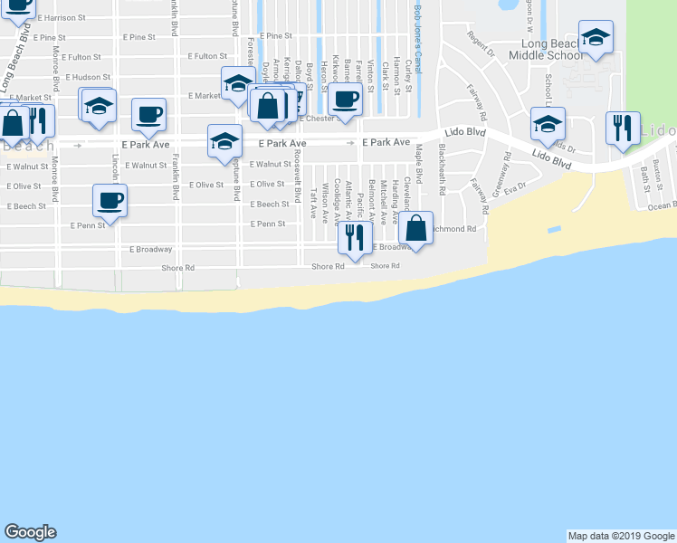 map of restaurants, bars, coffee shops, grocery stores, and more near 750 Shore Road in Long Beach