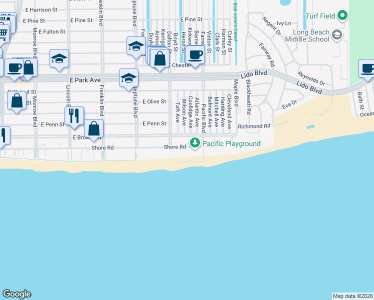 map of restaurants, bars, coffee shops, grocery stores, and more near 750 Shore Road in Long Beach