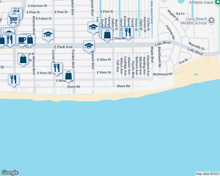 map of restaurants, bars, coffee shops, grocery stores, and more near 666 Shore Road in Long Beach