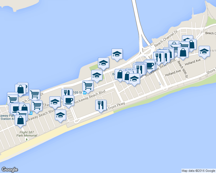 map of restaurants, bars, coffee shops, grocery stores, and more near 10212 Rockaway Beach Boulevard in Queens