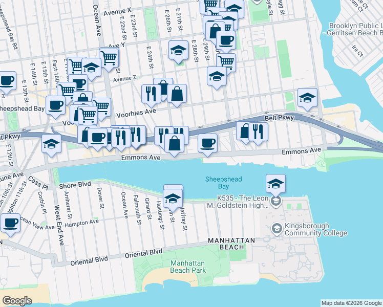 map of restaurants, bars, coffee shops, grocery stores, and more near 2601 Emmons Avenue in Brooklyn