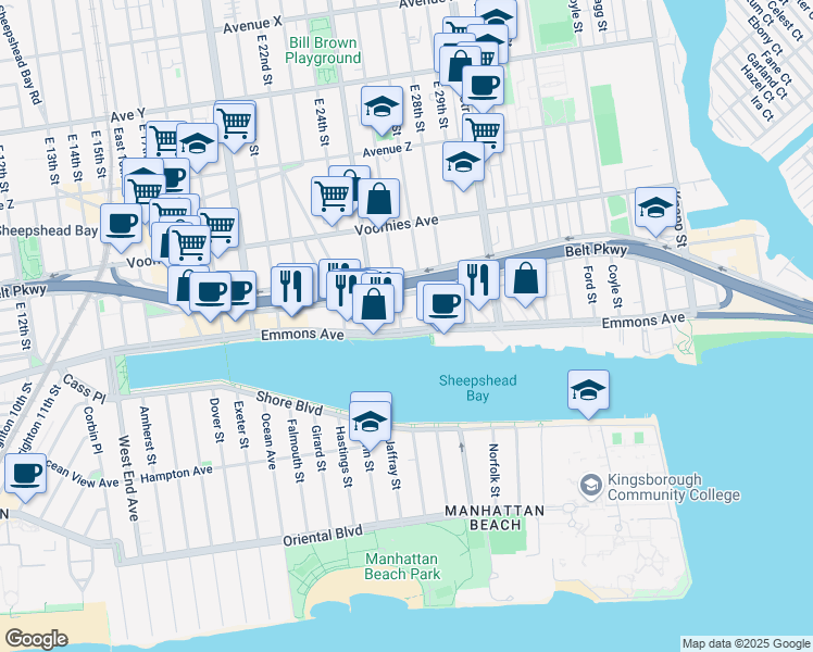 map of restaurants, bars, coffee shops, grocery stores, and more near 2601 Emmons Avenue in Brooklyn