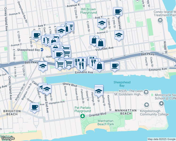 map of restaurants, bars, coffee shops, grocery stores, and more near 2235 Emmons Avenue in Brooklyn