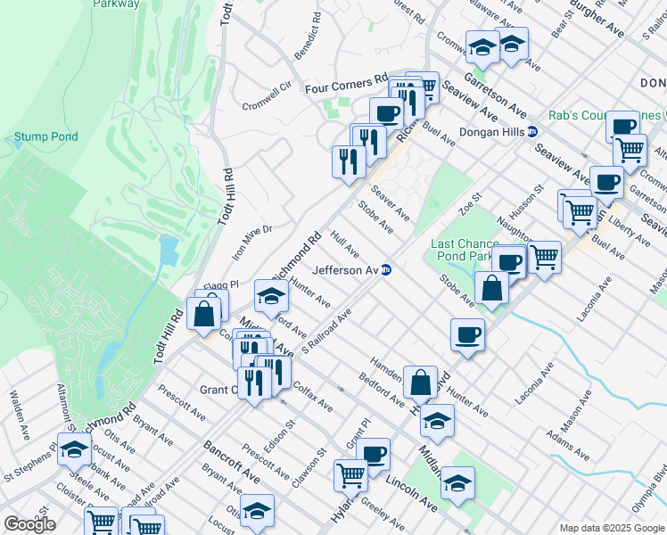 map of restaurants, bars, coffee shops, grocery stores, and more near 36 Adams Avenue in Staten Island