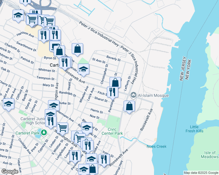 map of restaurants, bars, coffee shops, grocery stores, and more near 1 Charles Street in Carteret