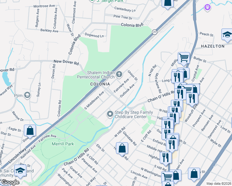 map of restaurants, bars, coffee shops, grocery stores, and more near 450 Outlook Avenue in Woodbridge Township