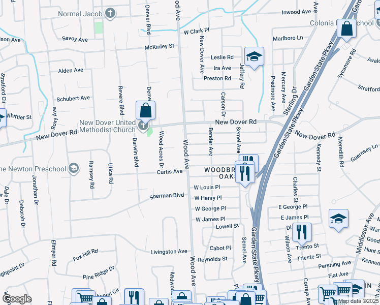 map of restaurants, bars, coffee shops, grocery stores, and more near 526 Wood Avenue in Woodbridge Township