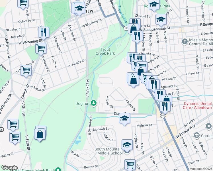 map of restaurants, bars, coffee shops, grocery stores, and more near 732 Trout Creek Lane in Allentown