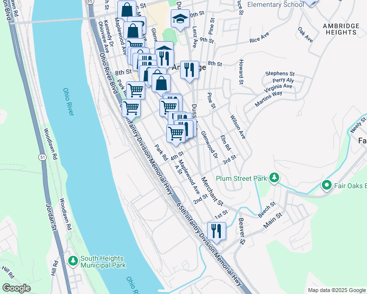 map of restaurants, bars, coffee shops, grocery stores, and more near 420 Maplewood Avenue in Ambridge