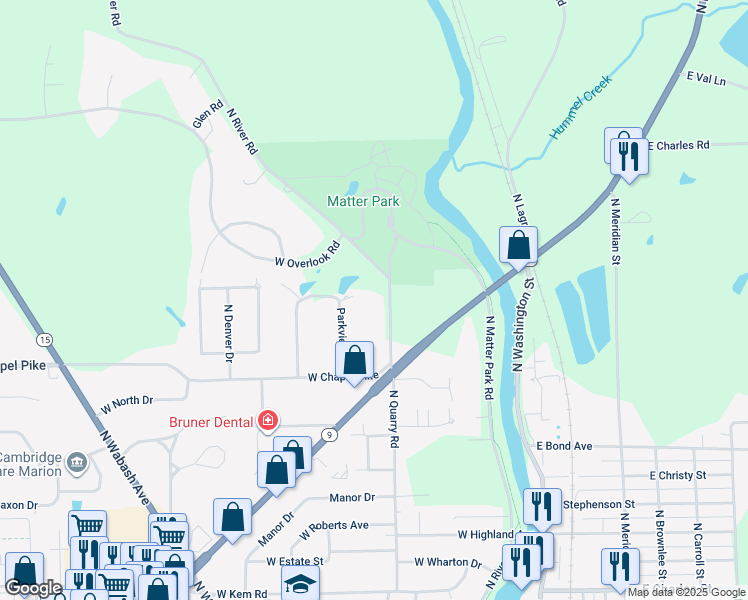 map of restaurants, bars, coffee shops, grocery stores, and more near 1713 North Quarry Road in Marion
