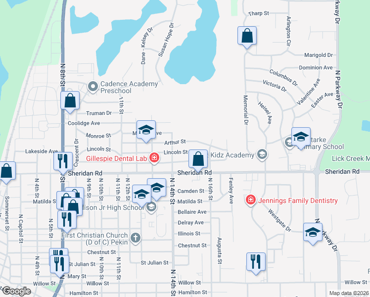 map of restaurants, bars, coffee shops, grocery stores, and more near 1405 Lincoln Street in Pekin