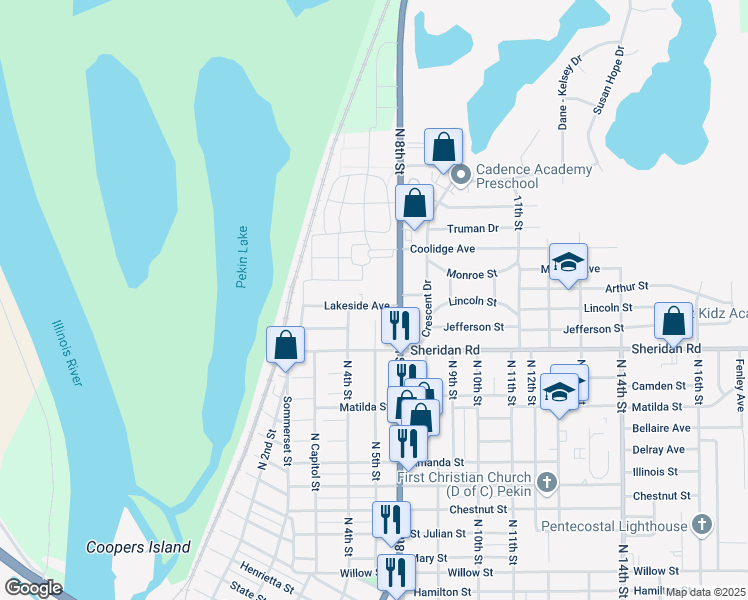 map of restaurants, bars, coffee shops, grocery stores, and more near 1701 North 8th Street in Pekin