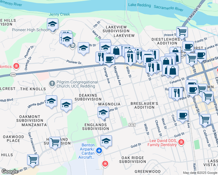 map of restaurants, bars, coffee shops, grocery stores, and more near 1274 Orange Avenue in Redding