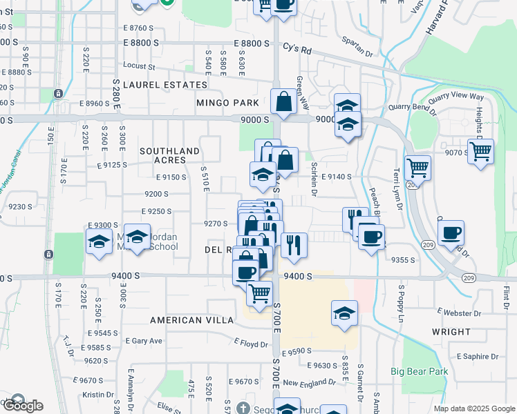 map of restaurants, bars, coffee shops, grocery stores, and more near Rose Cottage Lane in Sandy