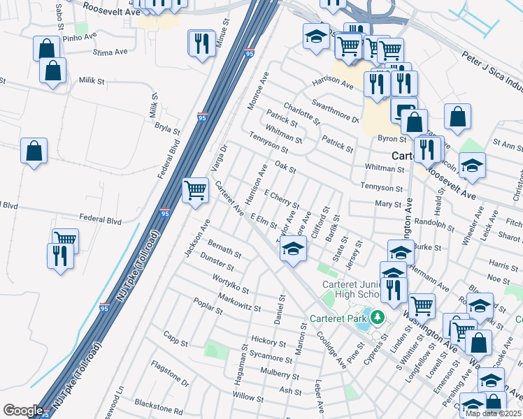 map of restaurants, bars, coffee shops, grocery stores, and more near 156 Tyler Avenue in Carteret