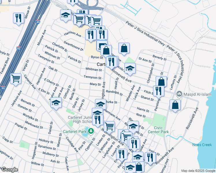 map of restaurants, bars, coffee shops, grocery stores, and more near 109 Edgar Street in Carteret