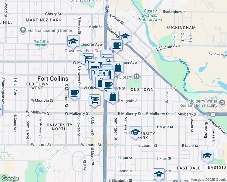 map of restaurants, bars, coffee shops, grocery stores, and more near 300s South College Avenue in Fort Collins