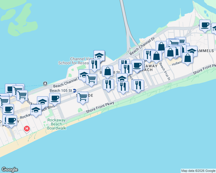 map of restaurants, bars, coffee shops, grocery stores, and more near 2-23 Beach 101st Street in Queens