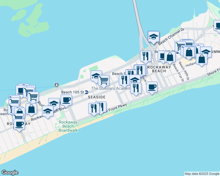 map of restaurants, bars, coffee shops, grocery stores, and more near 10212 Rockaway Beach Boulevard in Queens