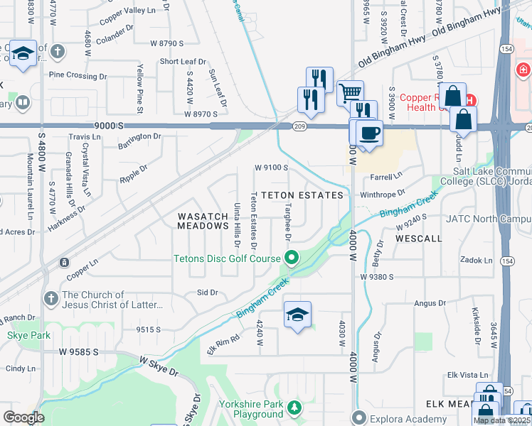 map of restaurants, bars, coffee shops, grocery stores, and more near 4228 Wasatch Meadows Drive in West Jordan