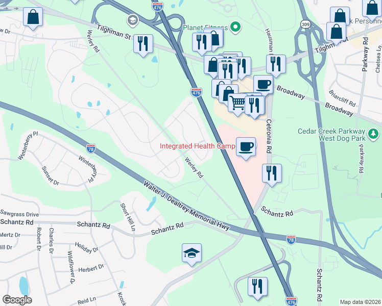 map of restaurants, bars, coffee shops, grocery stores, and more near 266 Blue Sage Drive in Allentown