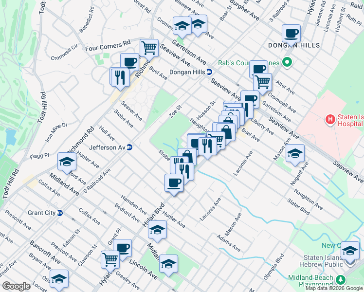 map of restaurants, bars, coffee shops, grocery stores, and more near 123 Vera Street in Staten Island