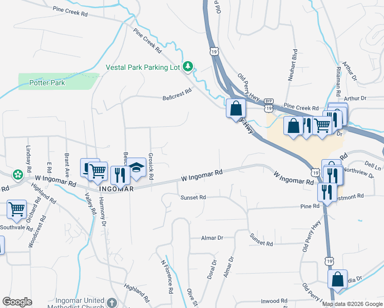 map of restaurants, bars, coffee shops, grocery stores, and more near 424 West Ingomar Road in Pittsburgh