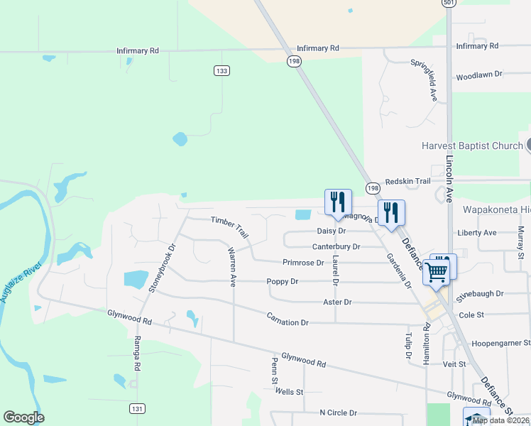 map of restaurants, bars, coffee shops, grocery stores, and more near 1071 Stonegate Court in Wapakoneta